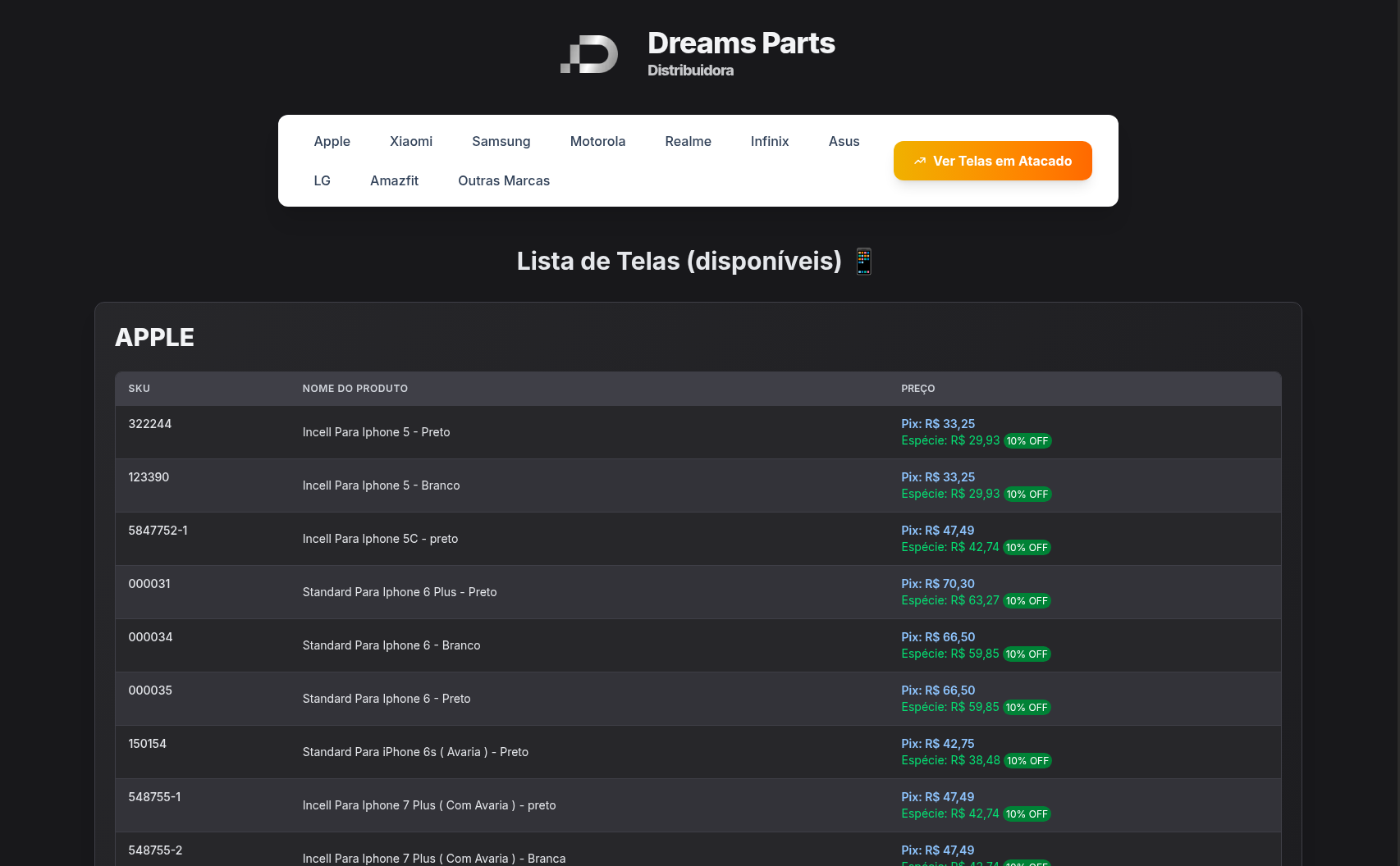 Captura do projeto Dreams Catalogo